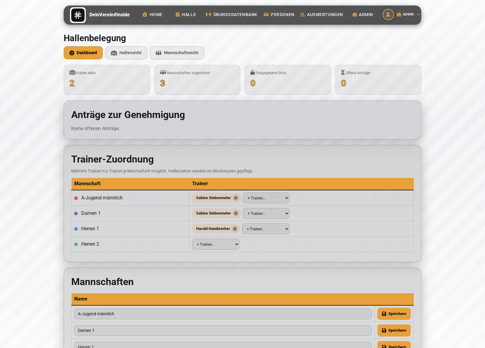 Hallenbelegung mit den Ansichten Dashboard, Hallensicht und Mannschaftssicht, Kennzahlen zu aktiven Hallen und offenen Antraegen sowie der Trainer-Zuordnung je Mannschaft.
