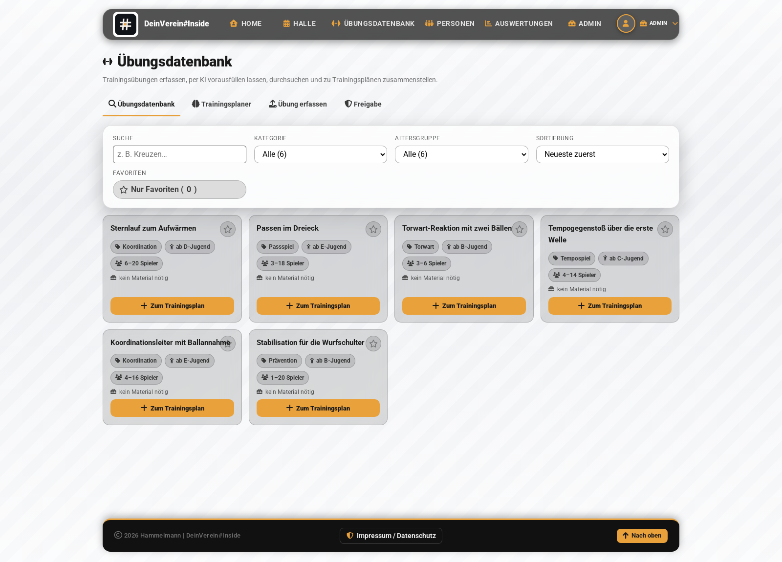 Uebungsdatenbank mit Suche, Filtern nach Kategorie und Altersgruppe und Uebungskarten, die sich per Schaltflaeche in einen Trainingsplan uebernehmen lassen.